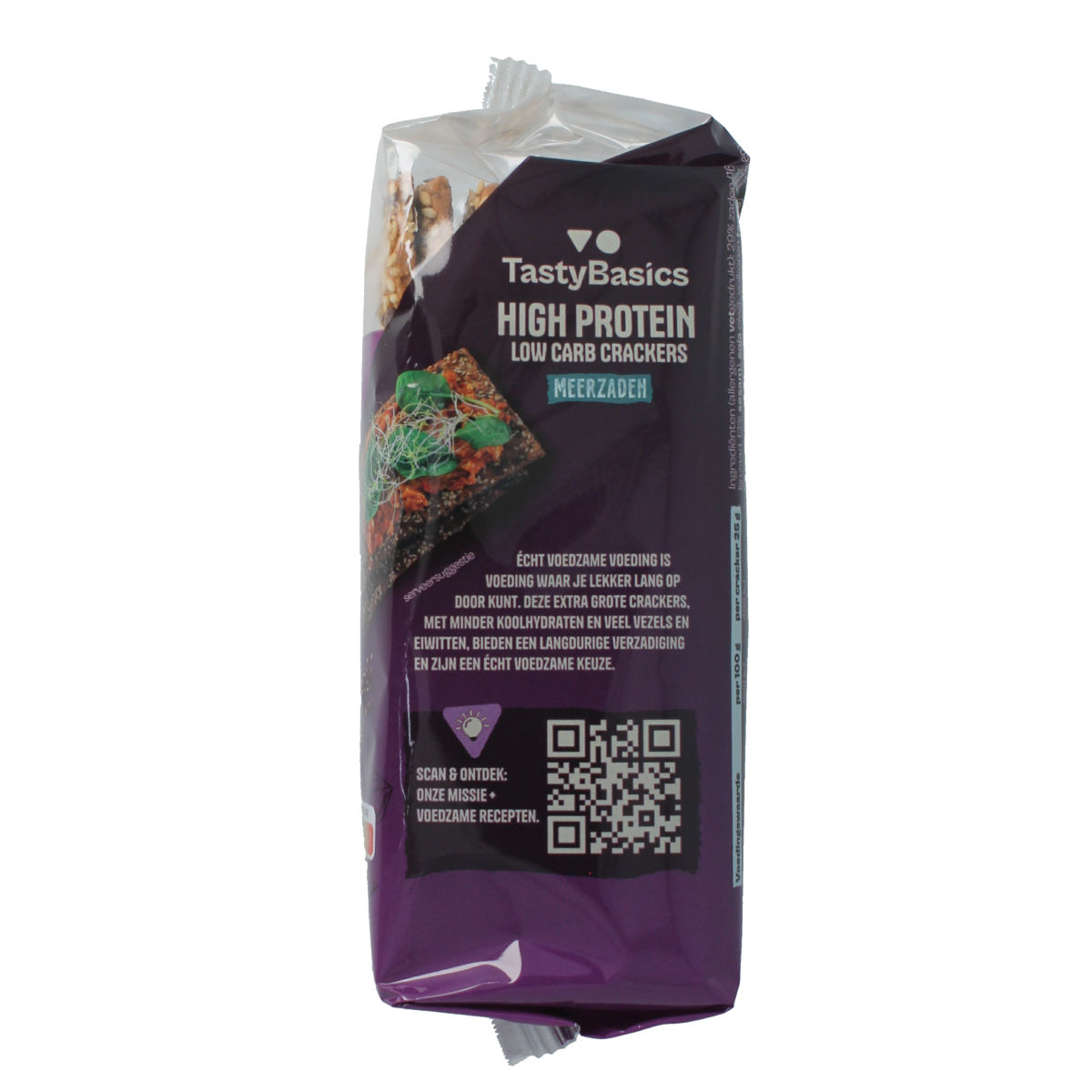 TastyBasics low-carb, high-protein crackers with mixed seeds in a 200g package, perfect for healthy snacking.