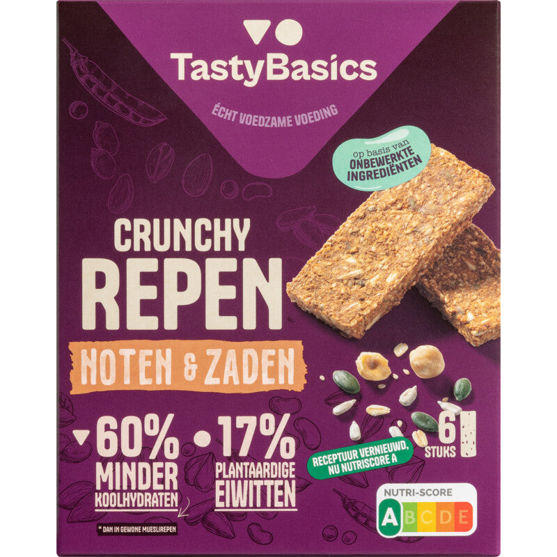 TastyBasics Crunchy less carb snack with nuts and seeds in 138g package, healthy snack option for quick energy.