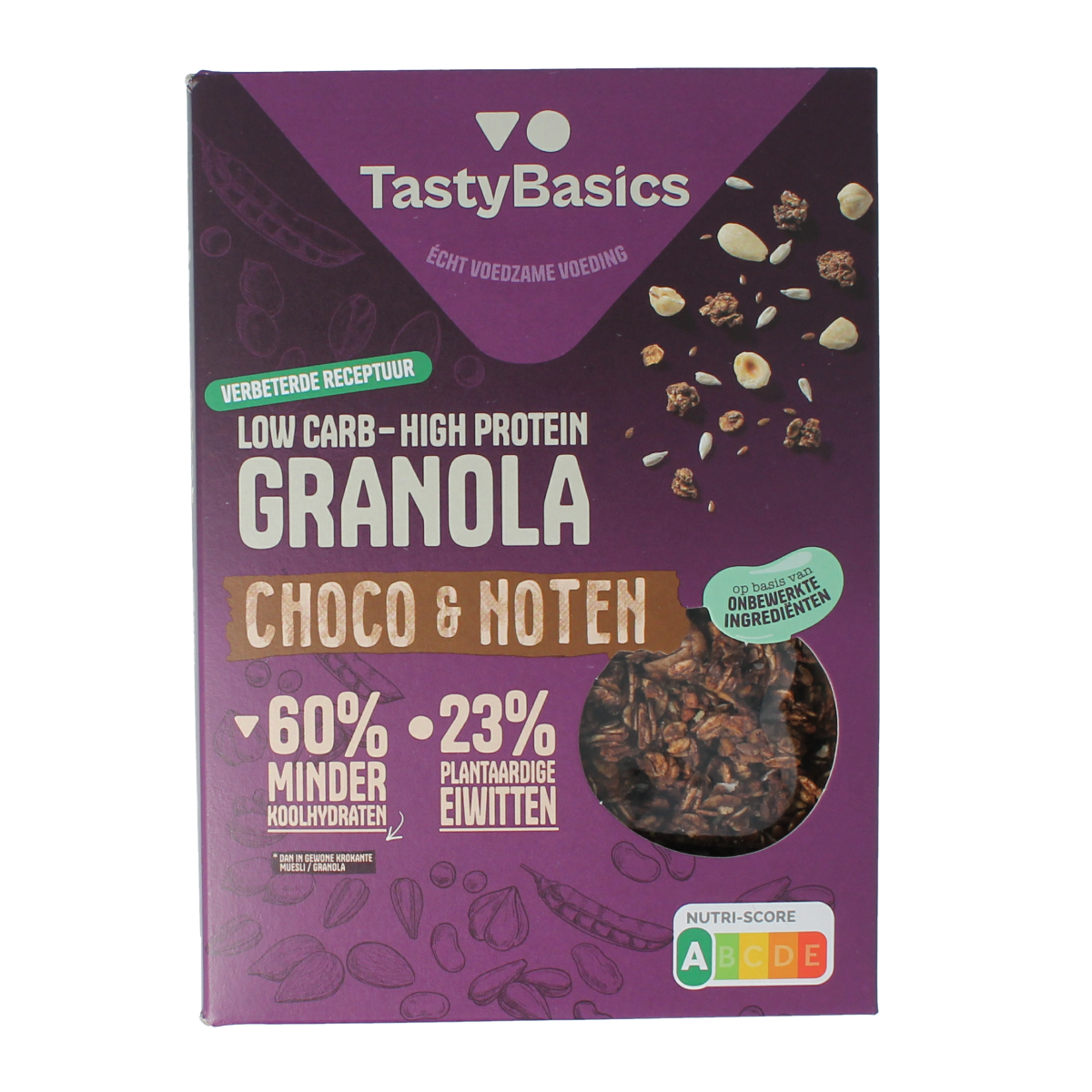 TastyBasics high-protein, low-carb granola with chocolate and nuts in a 350g package, perfect for breakfast.