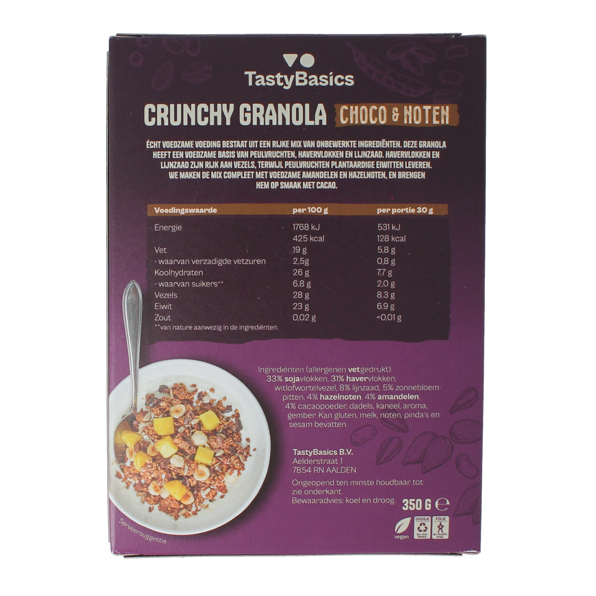 TastyBasics high-protein chocolate and nut granola in 350g package, natural breakfast cereal with less carbs, brand TastyBasics