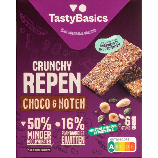 TastyBasics Crunchy low-carb snack bar with chocolate and nuts, 138 grams, featuring chocolate coating and nut mix in a clear package