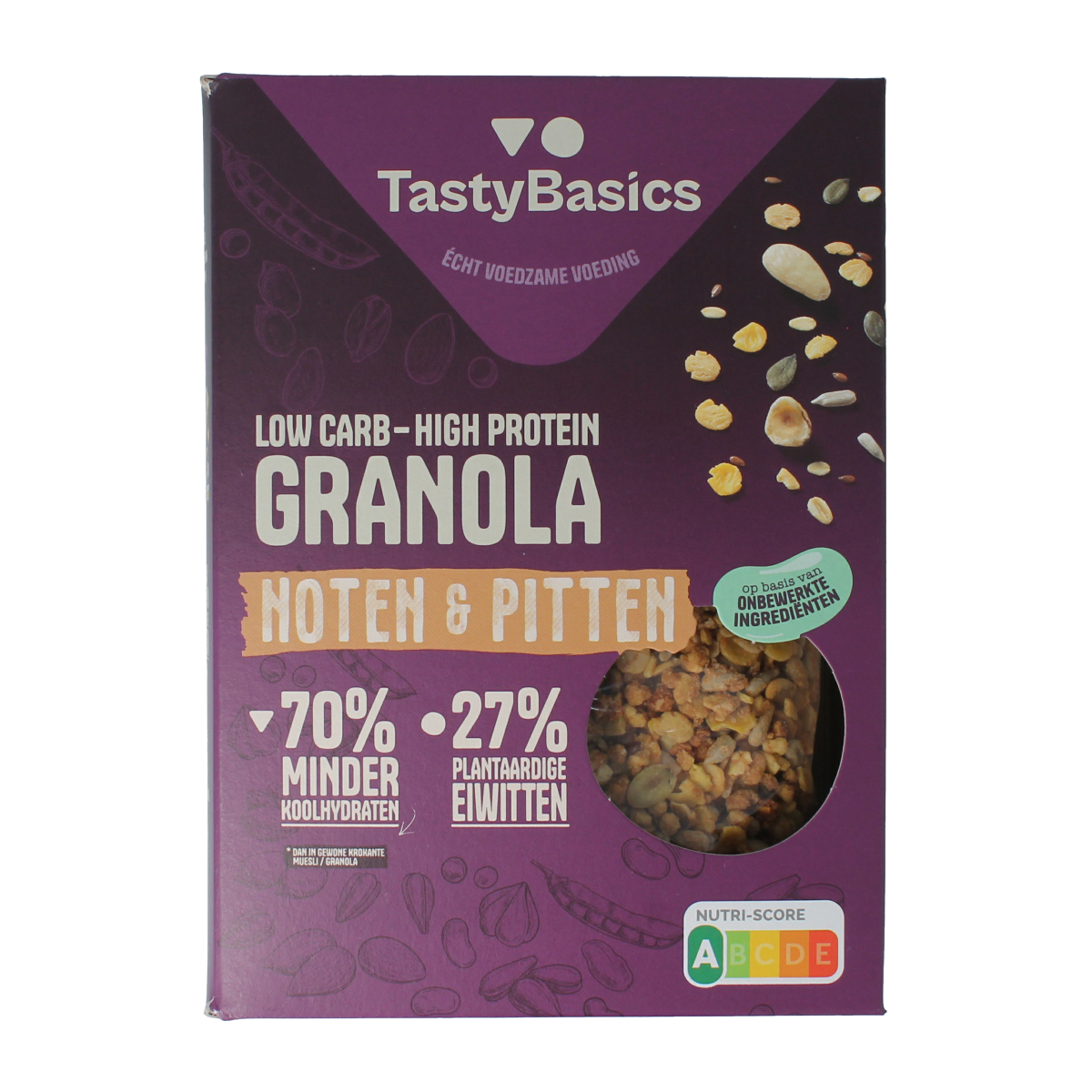 TastyBasics high-protein granola with nuts and seeds in a 350g package, perfect for a nutritious breakfast.