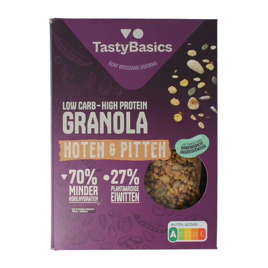 TastyBasics high-protein granola with nuts and seeds in a 350g package, perfect for a nutritious breakfast.