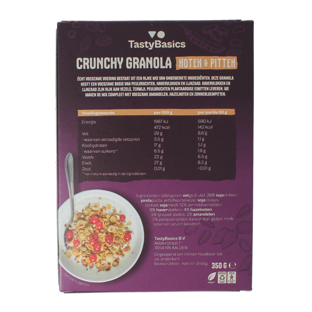 TastyBasics high-protein granola with nuts and seeds, 350g, ideal for a healthy breakfast or snack.