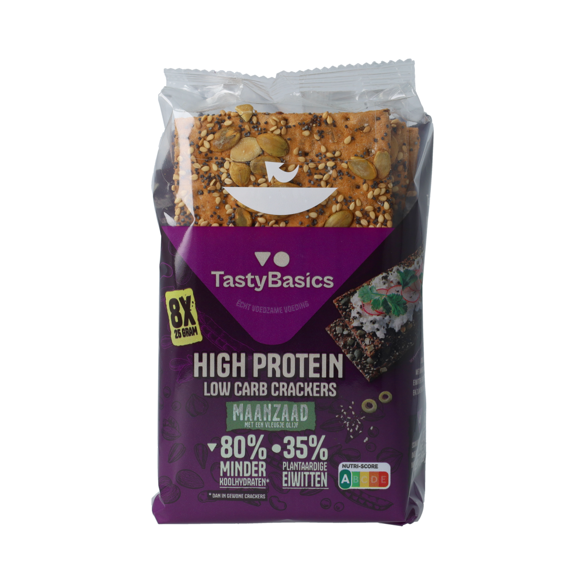 TastyBasics high-protein, low-carb crackers with sesame seeds in a 200g package, crispy bread snack for health-conscious eating.