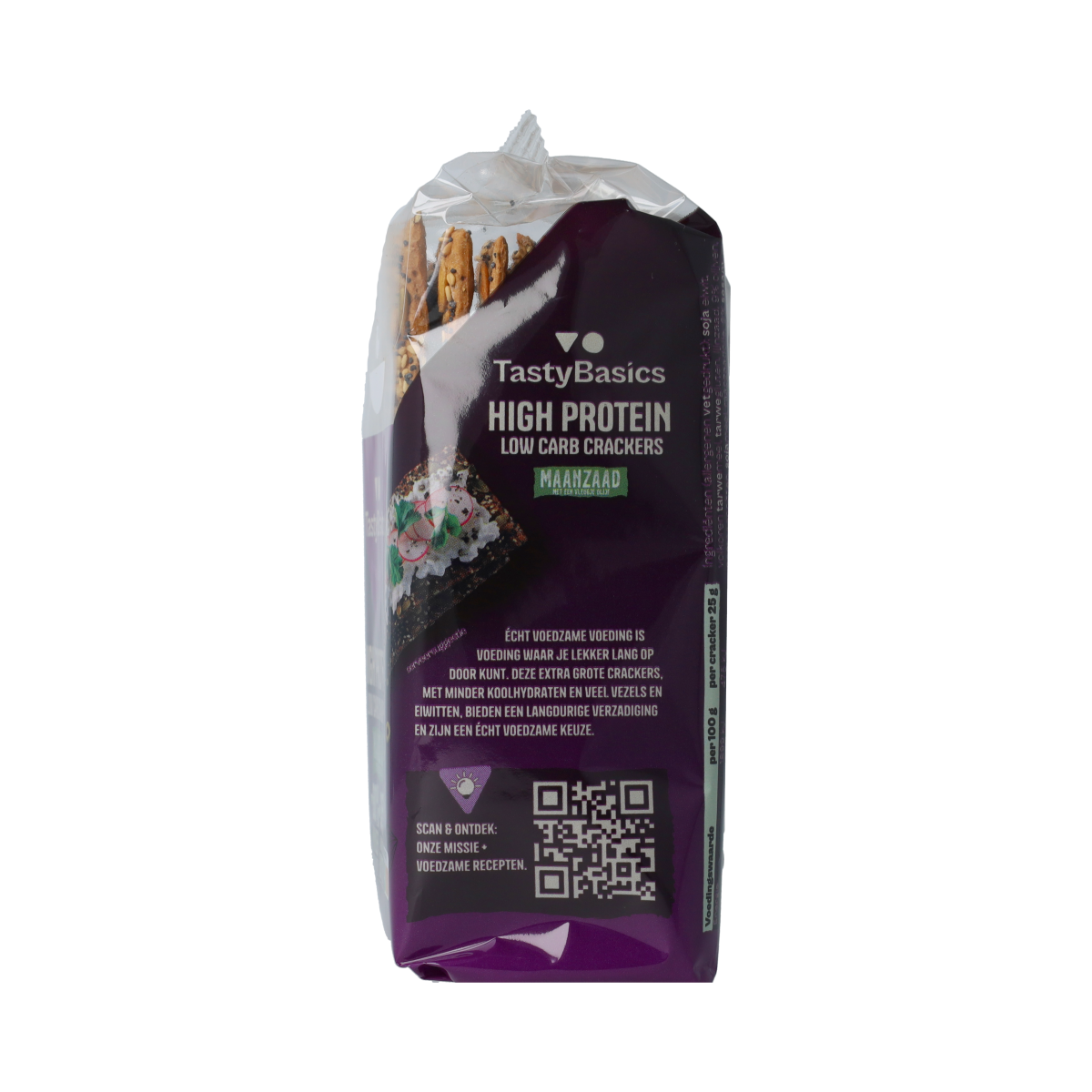 TastyBasics high-protein crackers with sesame seeds in a 200g package, made with less carbs, for healthy snacking.