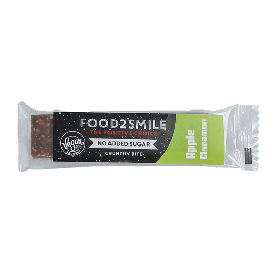 Food2Smile gluten-free lactose-free apple pie bar, 28g, with a golden crust and apple filling, displayed on a white background.
