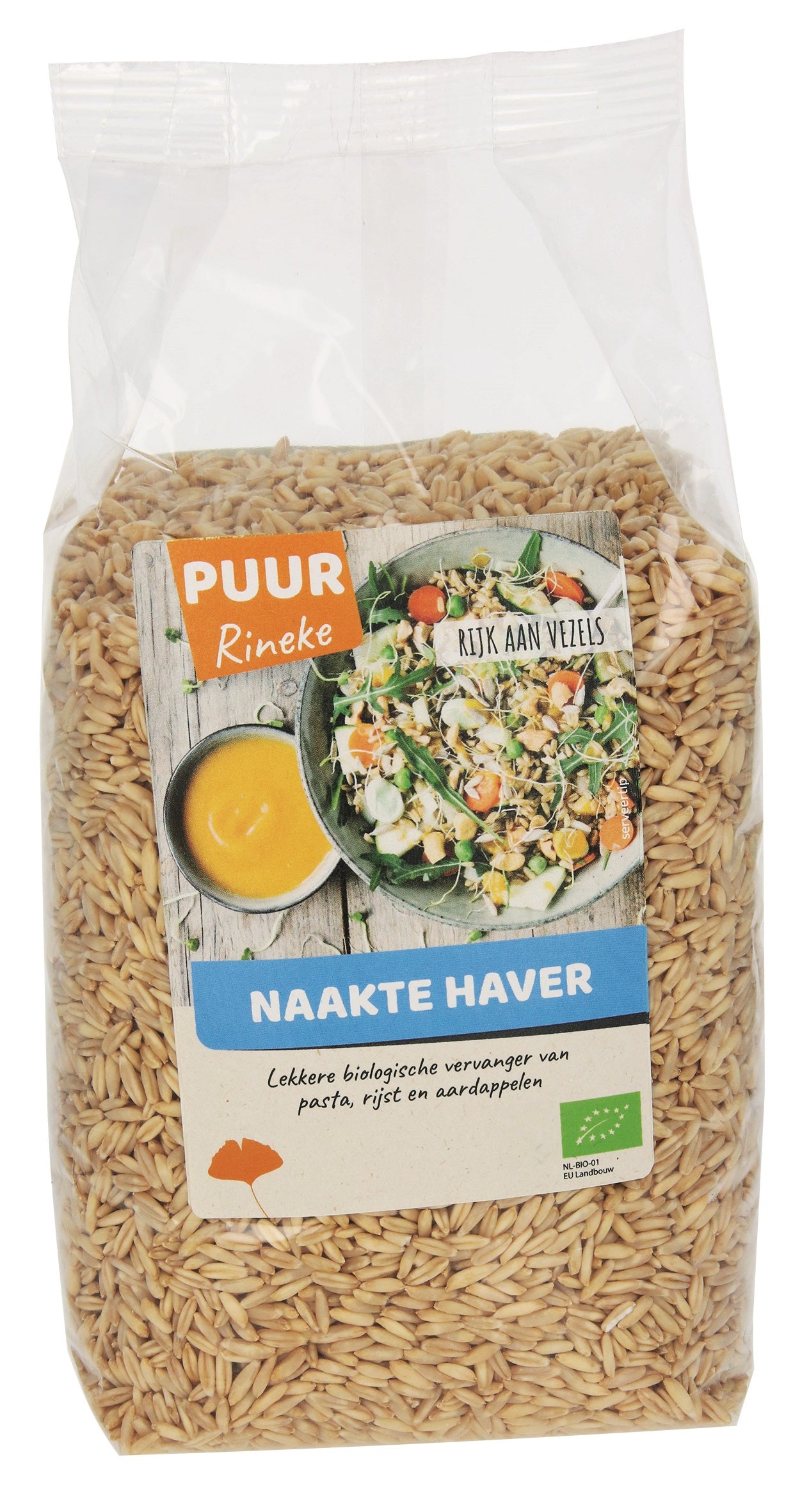 Organic Puur Rineke Naakte Haver breakfast cereal in 1 kg bag, showing fresh raw oats in natural state.