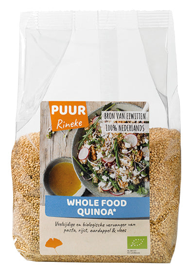 Puur Rineke organic whole food quinoa in a 500g package, raw superfood grains displayed in a clear bag.