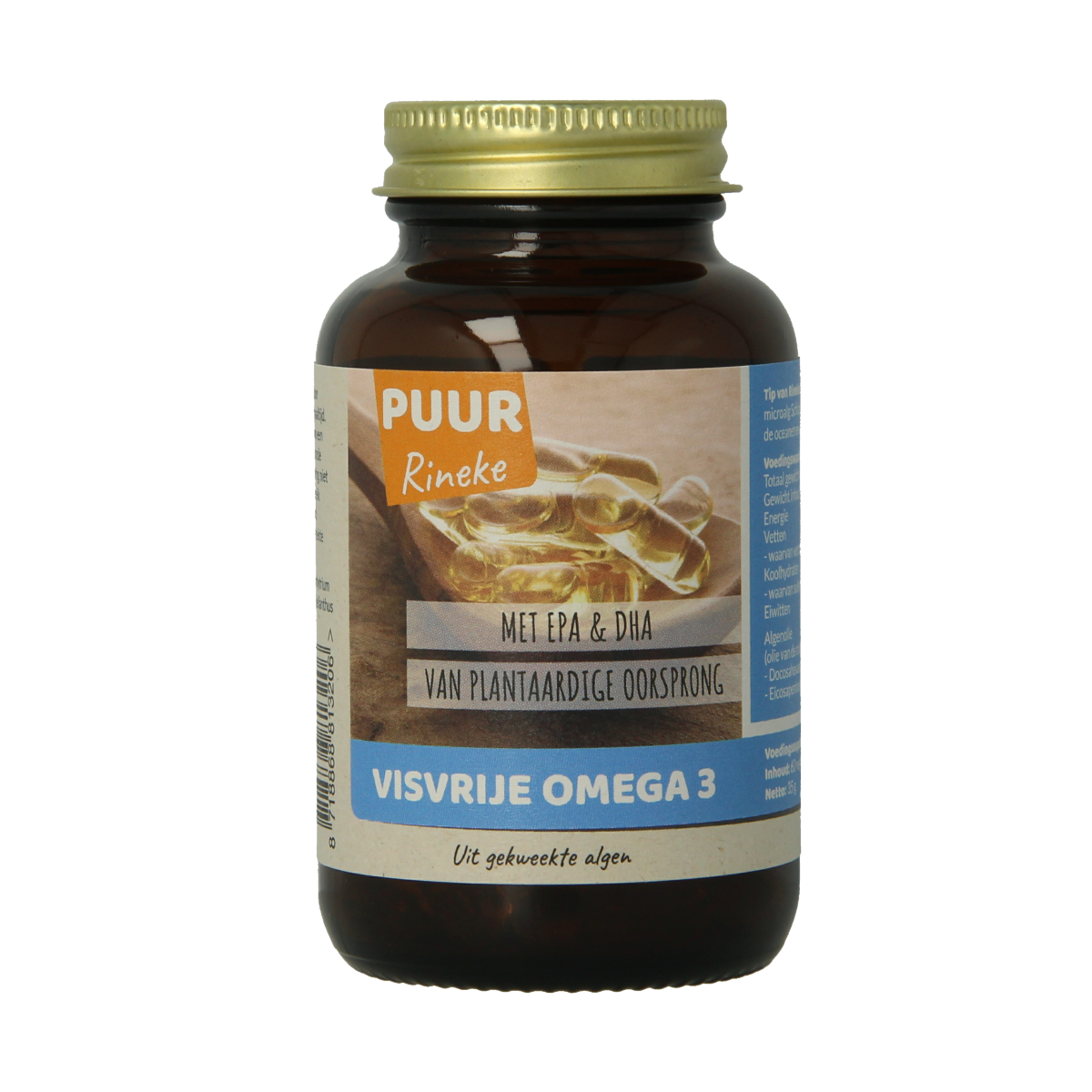 Puur Rineke Visvrije Omega 3 vegetarian capsules, dietary supplements for healthy fats, shown in a clear bottle.