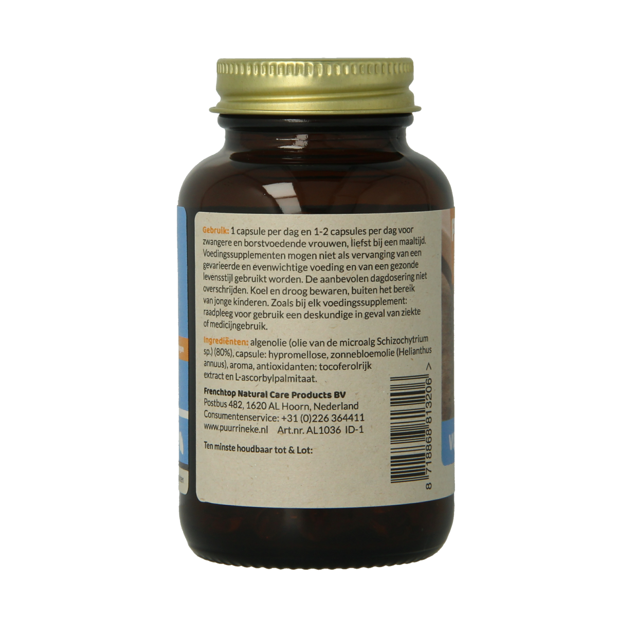 Puur Rineke Visvrije omega 3 vegetarian capsules, dietary supplement with omega-3 fatty acids, in a clear bottle.