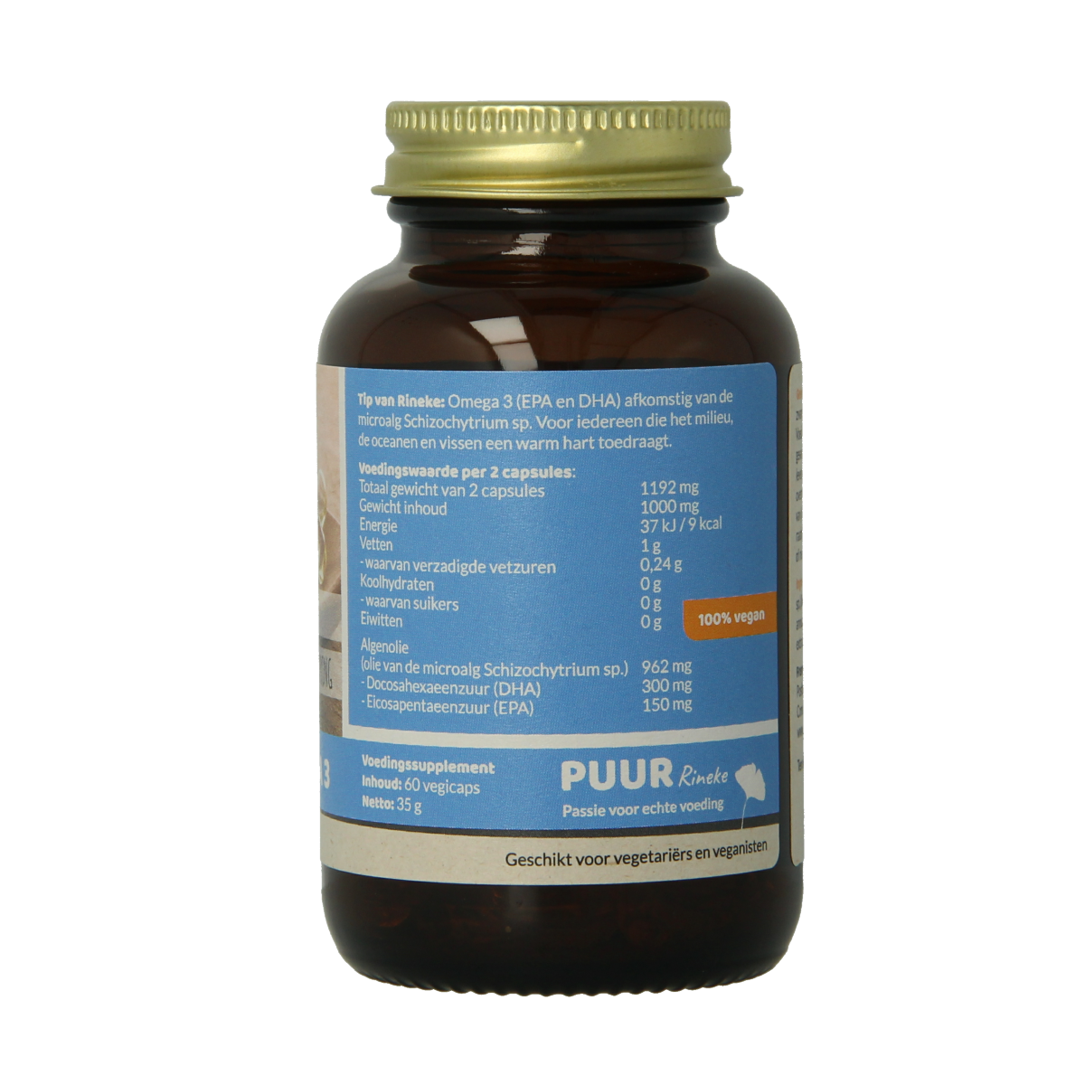 Puur Rineke Visvrije omega 3 vegetarian capsules, soft gel containers, with white and green labels showing omega 3 Vetzuren.