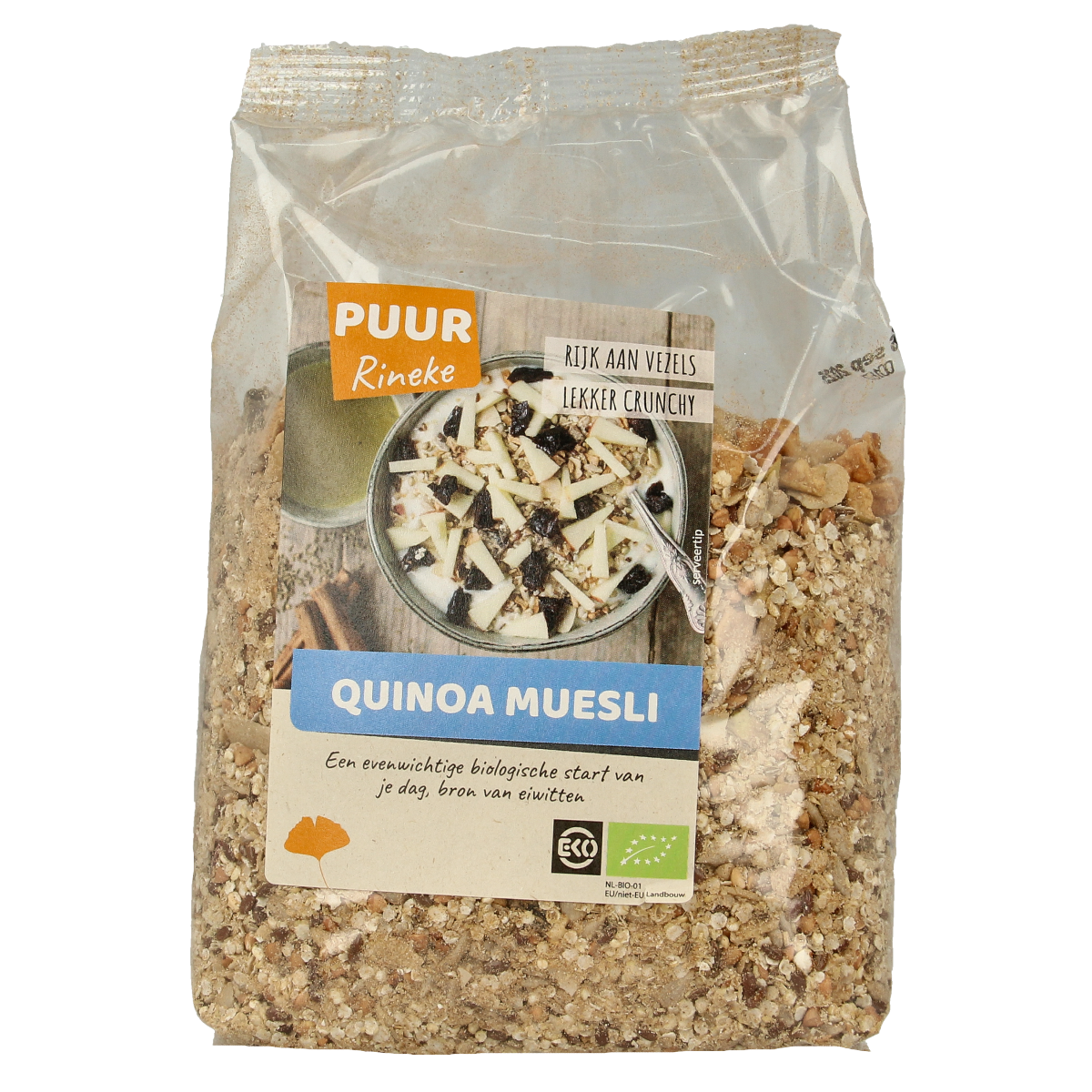 Puur Rineke bio quinoa muesli breakfast cereal in a 600g package, featuring a mix of grains and quinoa in a natural setting.