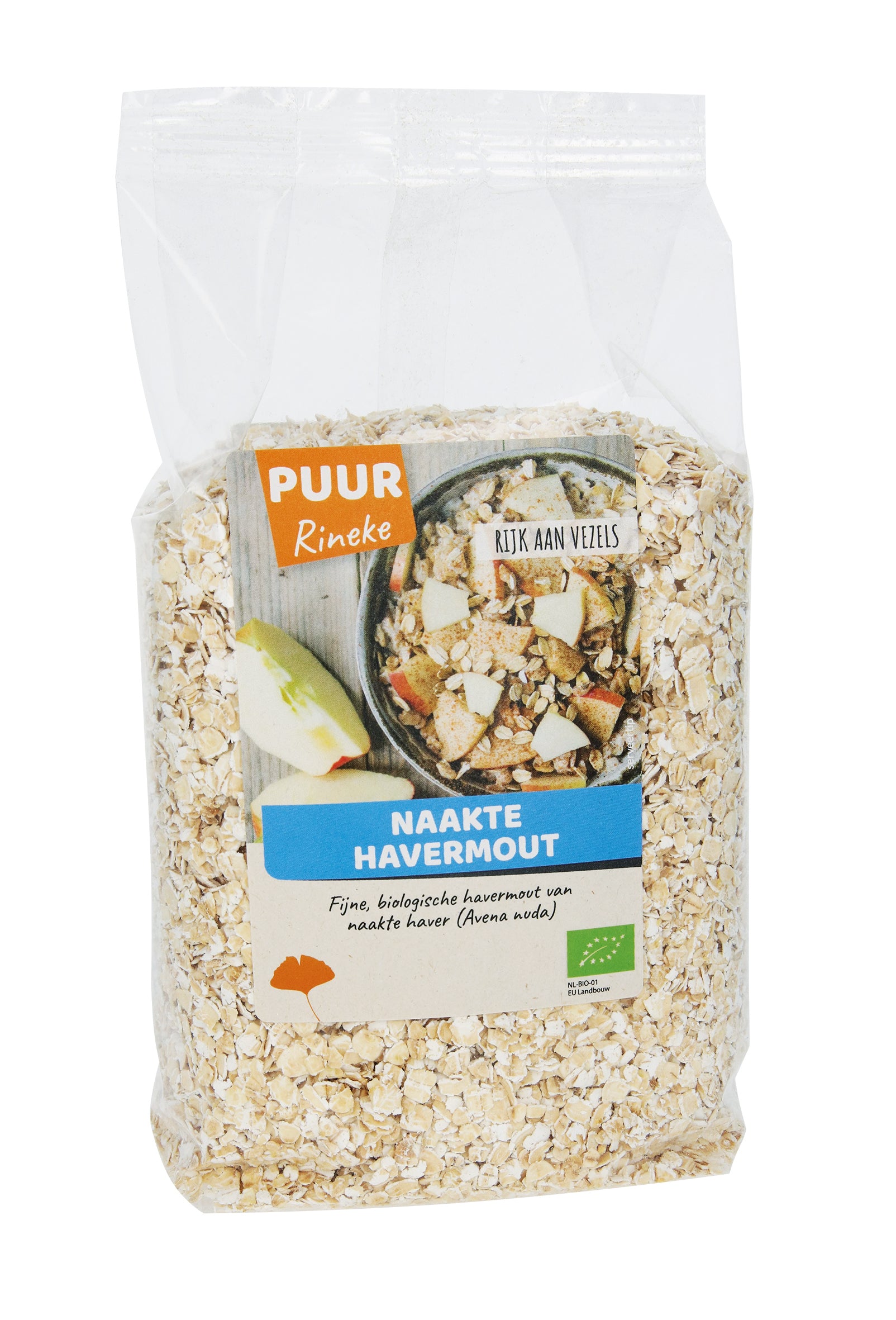 Puur Rineke Naakte havermout bio ontbijtgranen in 500g package, natural organic oats on a white background.
