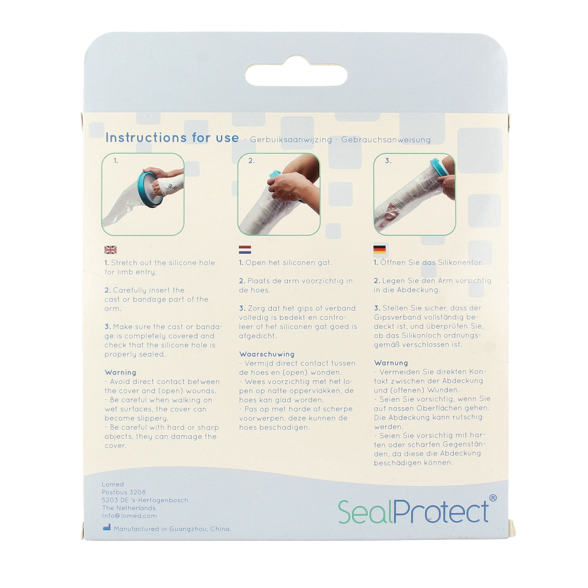 Sealprotect adult and child arm protectors for shower and bath, shown in size S, durable waterproof covers for hygiene.