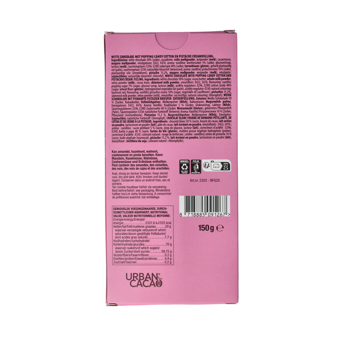 Urban Cacao Pistachio Angelhair chocolate, 150g, featuring rich chocolate with crunchy pistachio pieces.
