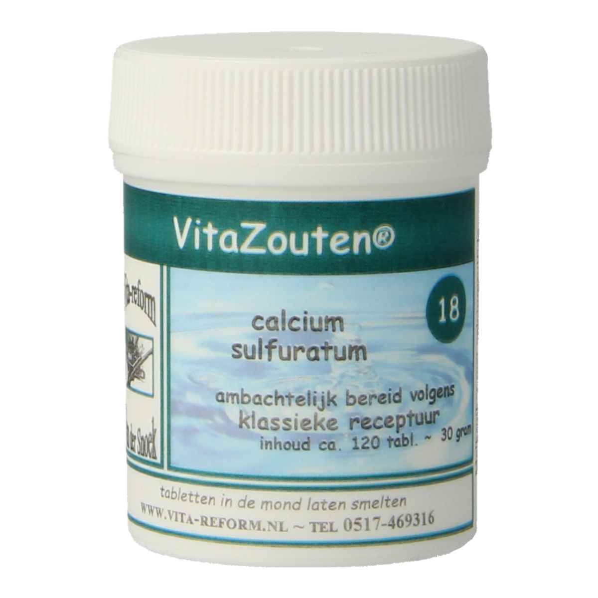 Vitazouten Calcium sulfuratum mineral supplement in a bottle of 120 tablets, natural mineral tablets from Vitazouten.