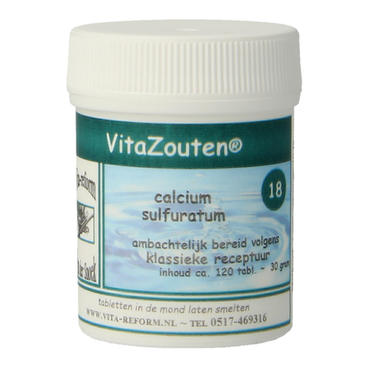 Vitazouten Calcium sulfuratum mineral supplement in a bottle of 120 tablets, natural mineral tablets from Vitazouten.