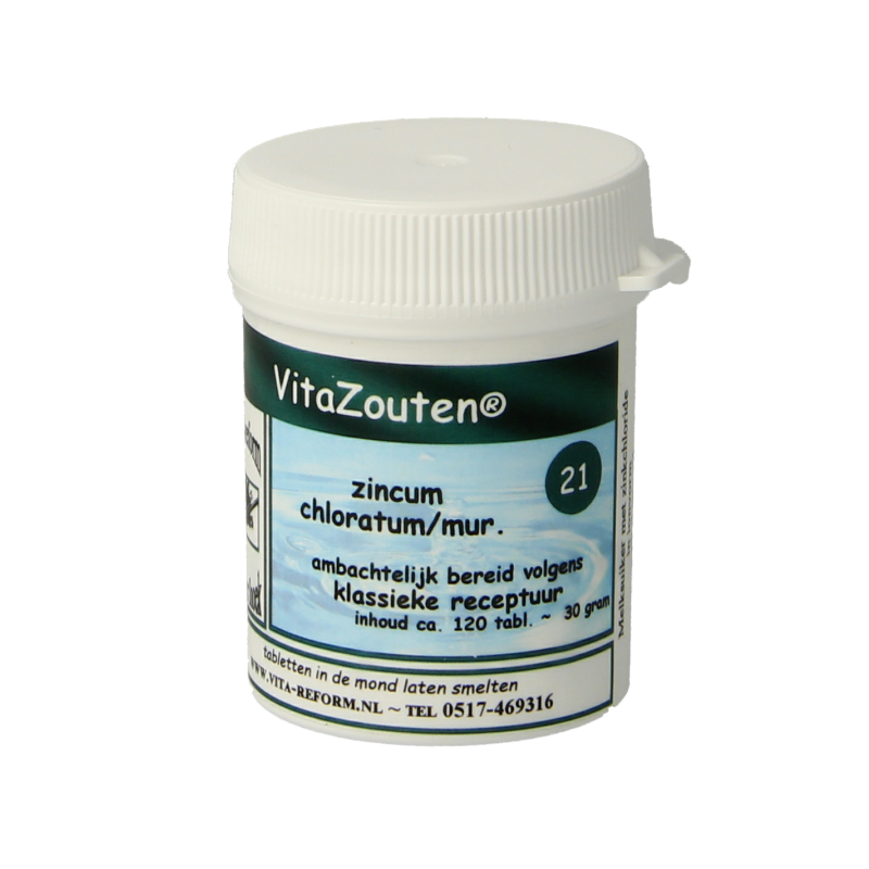 VitaZouten Zincum chloratum mineral tablets, 120 count, natural supplement for mineral support, shown in blister pack.