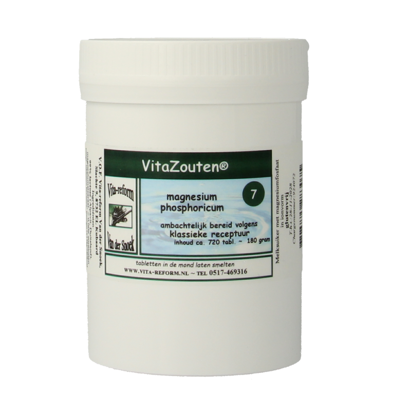 Vitazouten Magnesium phosphoricum mineral tablets, dietary supplement, white round tablets with brand logo and label details.