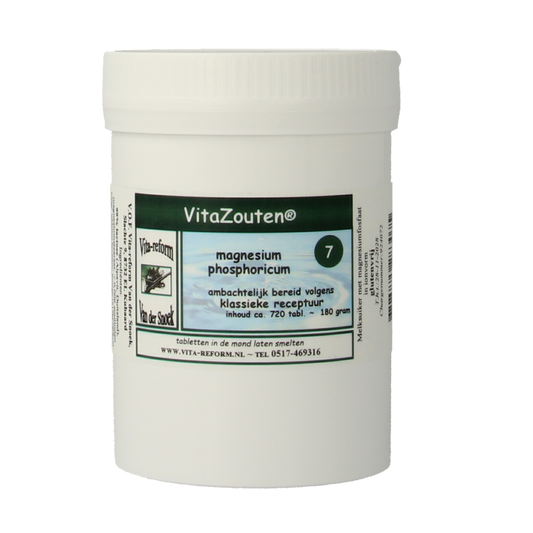 Vitazouten Magnesium phosphoricum mineral tablets, dietary supplement, white round tablets with brand logo and label details.