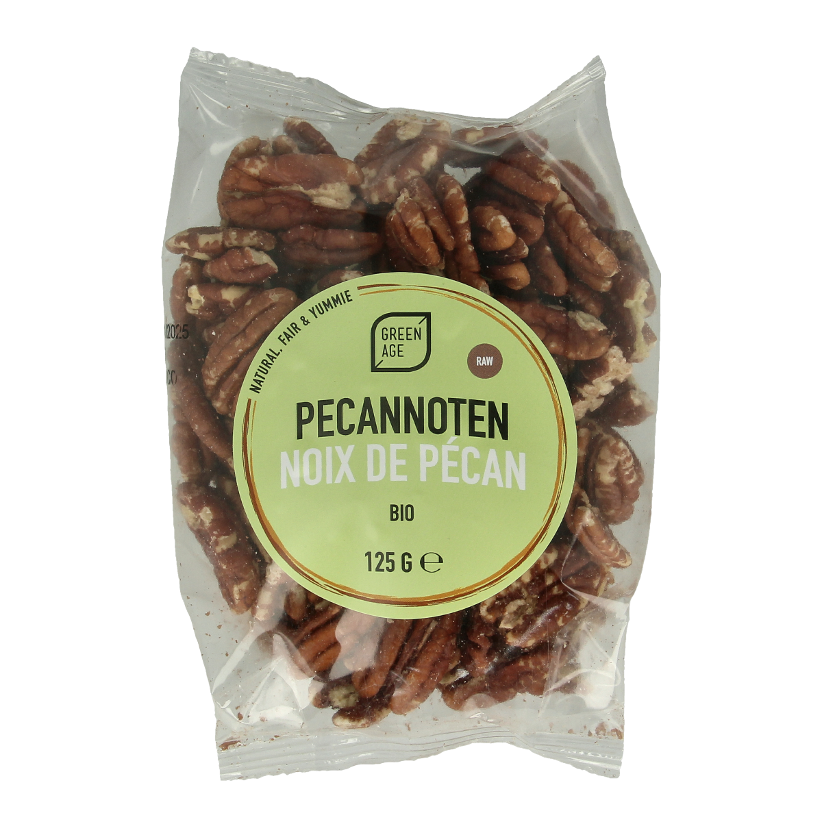 Greenage Pecannoten raw bio nuts in a clear package, 125 grams, healthy snack and tussendoortje with organic pecans.