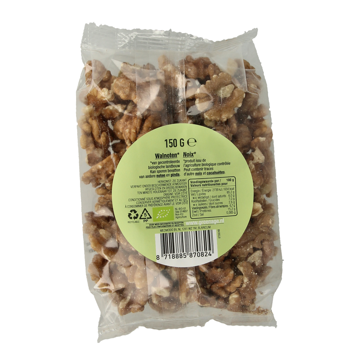 Raw greenage Walnoten bio walnuts in 150g package, natural superfood with green shells and nut kernels visible.