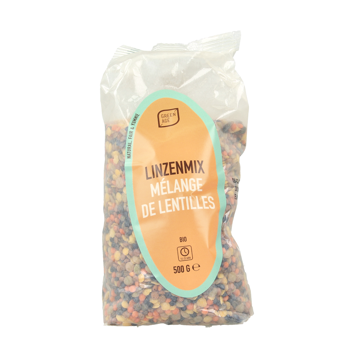 Greenage bio linzenmix in 500g package with a mixture of lentils, potatoes, vegetables, and fruits on a white background.