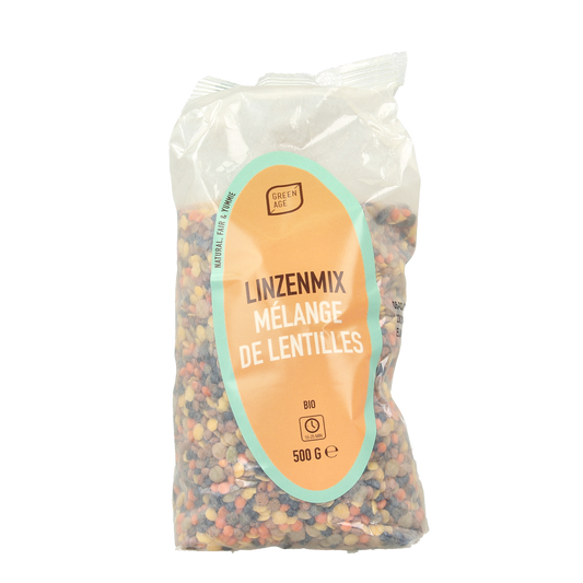 Greenage bio linzenmix in 500g package with a mixture of lentils, potatoes, vegetables, and fruits on a white background.