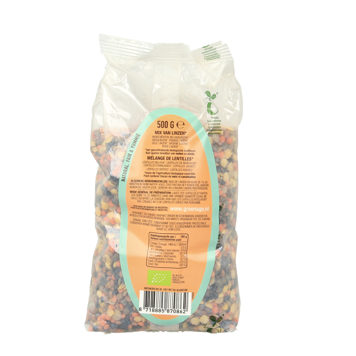 Greenage Linzenmix bio, 500g, fresh organic lentil mix in a clear package, suitable for healthy meals and vegetarian dishes.