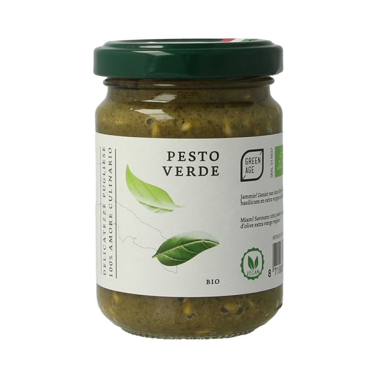 Greenage organic green pesto sauce in 140g jar, showing fresh basil and garlic ingredients on the label.