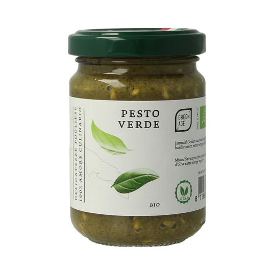 Greenage organic green pesto sauce in 140g jar, showing fresh basil and garlic ingredients on the label.