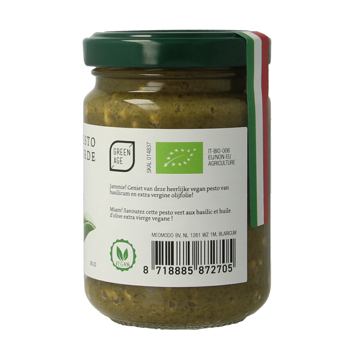 Greenage Groene pesto bio in 140g jar, showcasing fresh basil, garlic, and pine nuts in a vibrant green sauce.