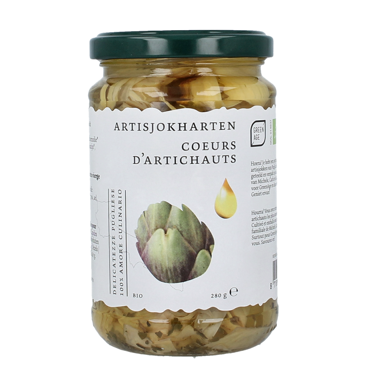 Greenage Organic Artichoke Hearts in a 280g package, fresh green vegetable, ideal for salads and cooking.