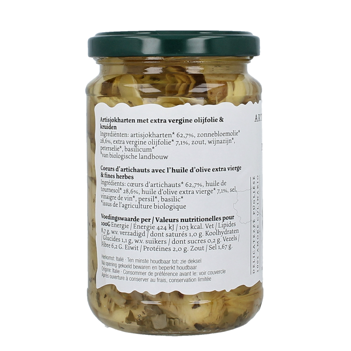 Greenage organic artichoke hearts in a 280g package, fresh and green, suitable for cooking and salads, from Greenage brand.