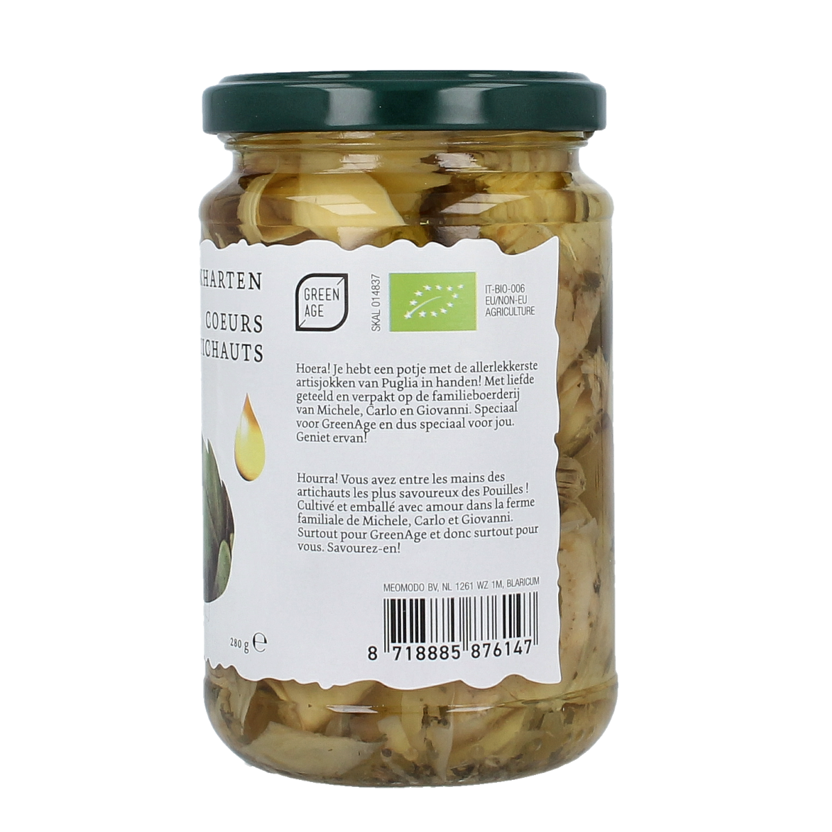 Greenage organic artichoke hearts in a 280g package, fresh vegetable from Greenage, displayed in a clear container.
