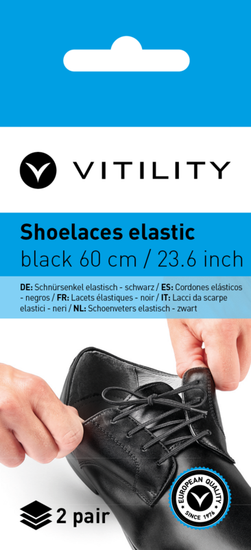 Elastic black shoe laces by Vitility, 60cm length, pack of 4, suitable for comfortable, adjustable footwear.