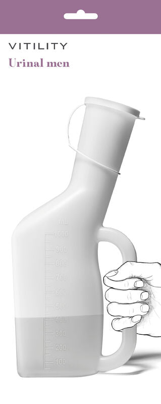 Vitility men's urine collection catheter and urinal, 1 piece, shown with medical-grade design and ergonomic features.