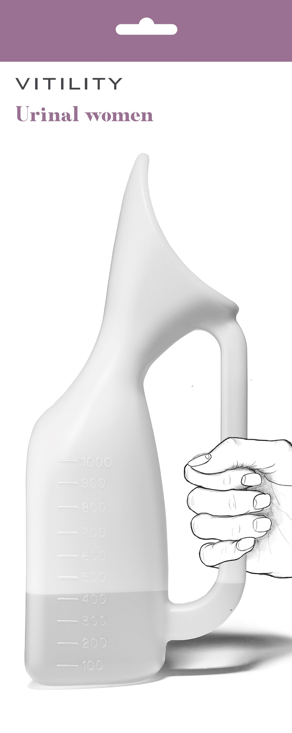 Vitility female urine bottle with catheter, 1.00 piece, portable urinal for women, compact and easy to use.