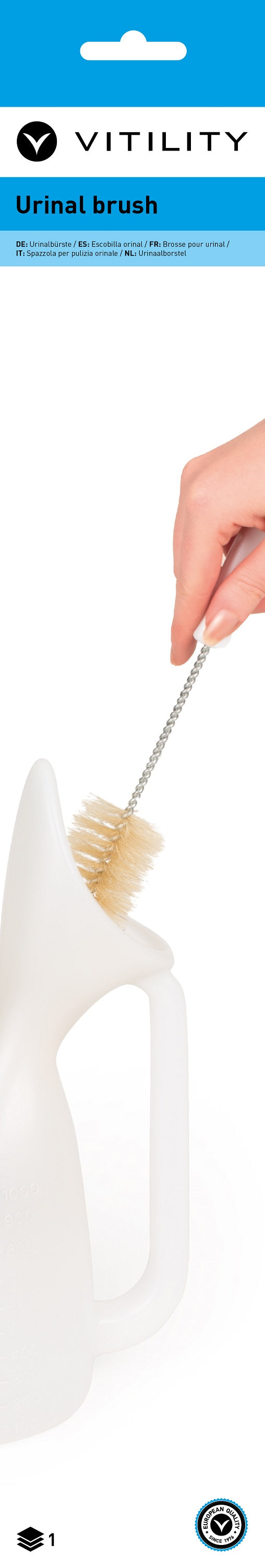Vitility urinal brush for catheter and urinal cleaning, shown in image with handle and bristles, designed for hygiene and maintenance.