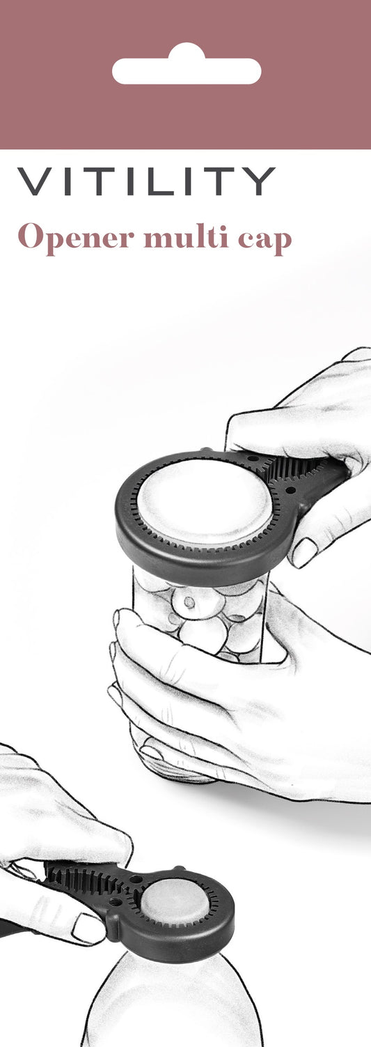 Vitility universal kitchen can opener shown in use, designed for easy opening of jars and bottles.