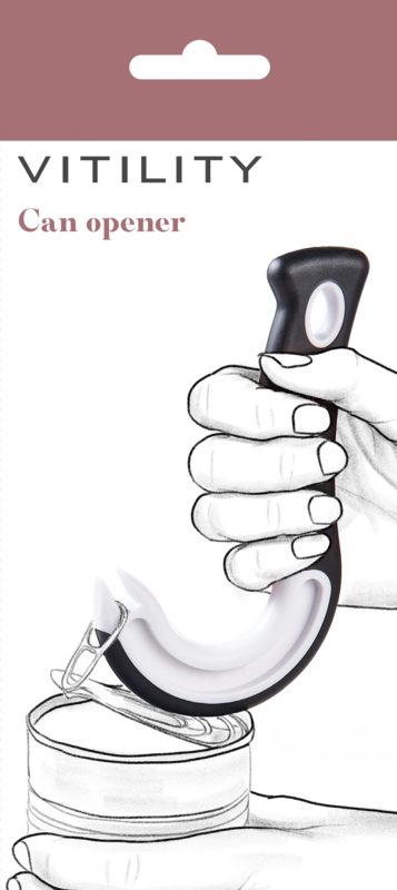 Vitility blikopener ring pull tool for opening canned goods, shown in a close-up image.
