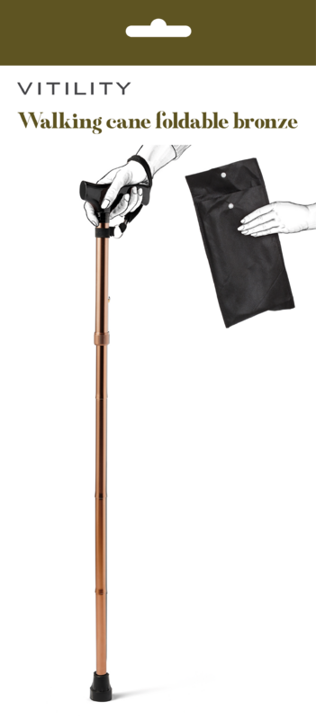 Foldable bronze Vitility walking stick for mobility, featuring a comfortable handle and adjustable height.