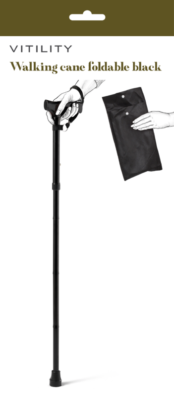 Foldable black Vitility walking stick for mobility support, shown open with a comfortable handle and adjustable height.