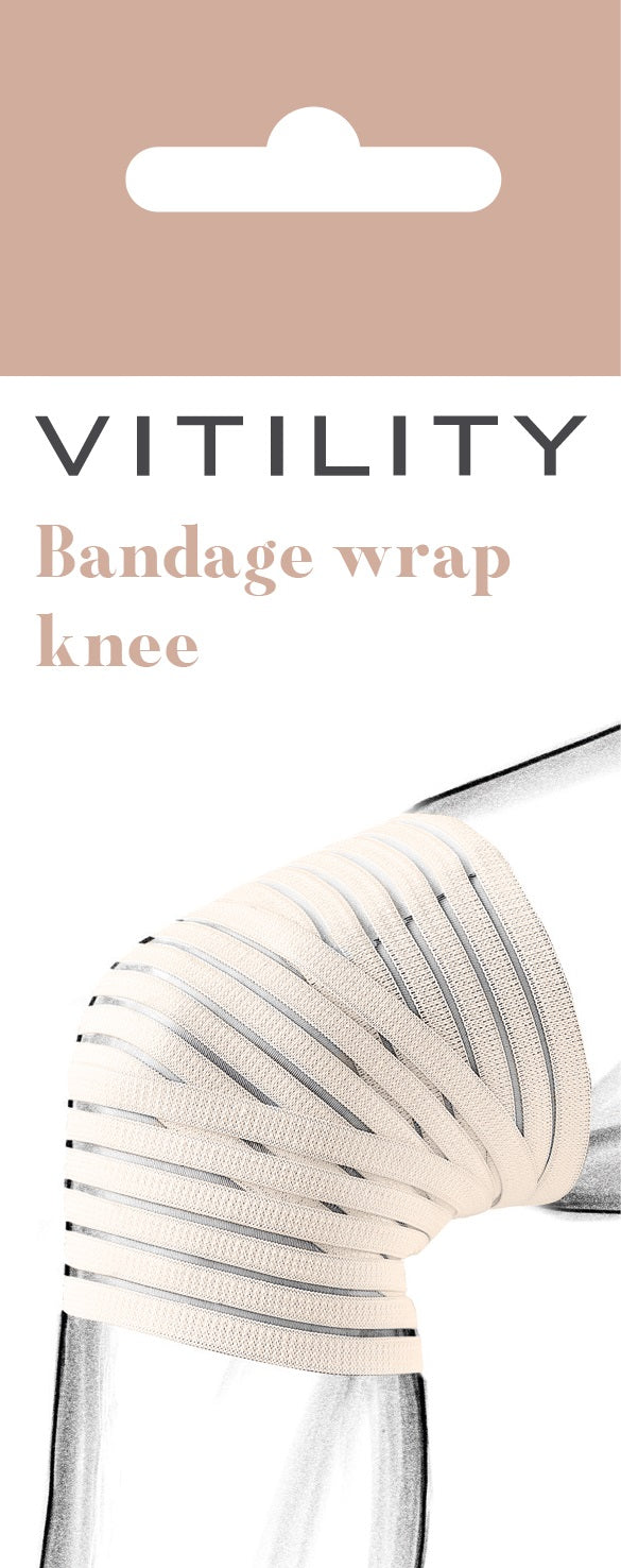 Vitility bandage wrap for knee, single piece, adjustable elastic support for knee injuries and stabilization.