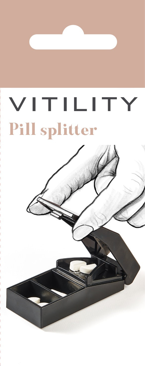 Vitility Tabletsplijter instrument in packaging, designed for safe tablet handling and crushing.