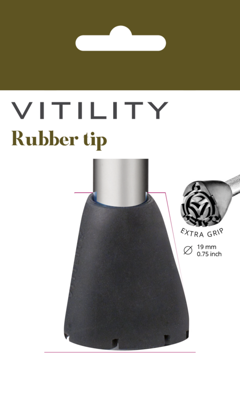 Vitility Rubberdop for walking stick, mobility accessory, shows a close-up of the black rubber tip attached to a walking stick.