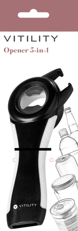 Vitility 5-in-1 kitchen can opener, versatile multi-tool for opening bottles, jars, cans, and more in a compact design.