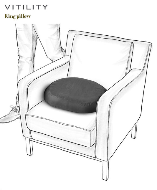 Vitility ringkussen, comfortabele kussen voor ondersteuning en comfort, zichtbaar met zachte stoffen en ronde vorm.