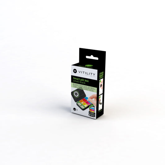 Black Vitility smart pill organizer with compact design, showing small medicine storage box for daily pill management.